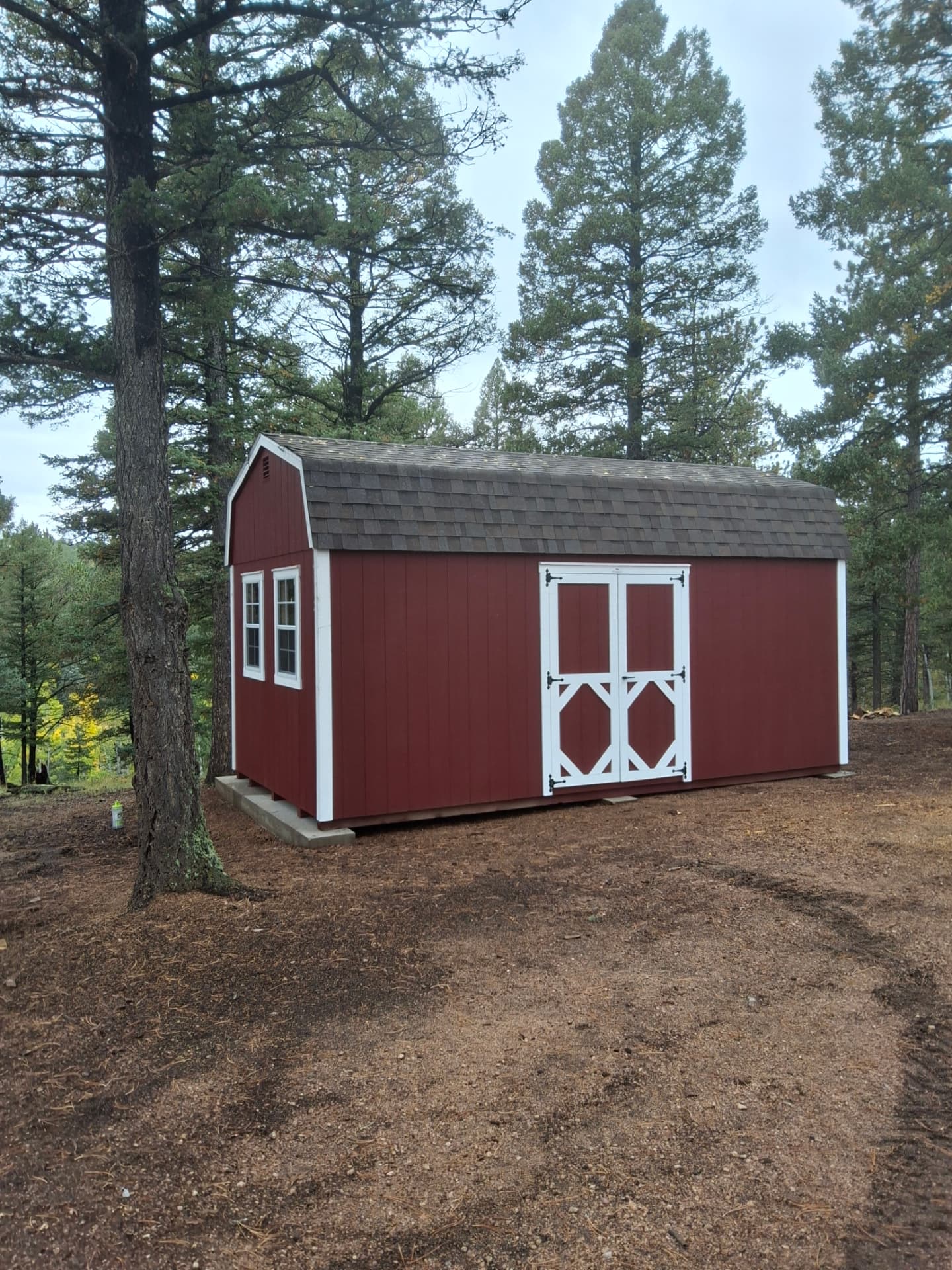Completed red 10x20 barn with white double doors and windows on a concrete pier foundation among pine trees in Woodland Park, Colorado