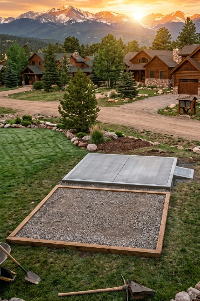 Gravel shed pad and concrete slab site prep with Colorado mountains behind