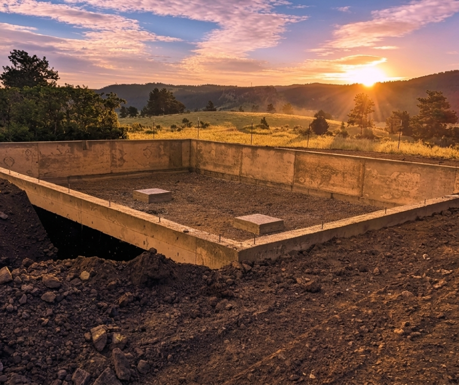 Poured concrete foundation for a permitted shed building in Colorado