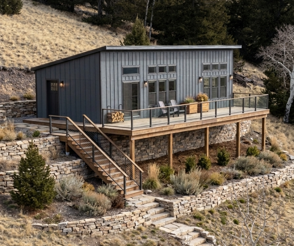 Mountain Modern home shell render showing a single-slope roofline and large front window wall