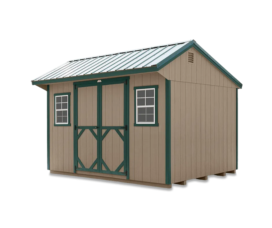 Tan Quaker Shed with green trim and metal roof, angled exterior view