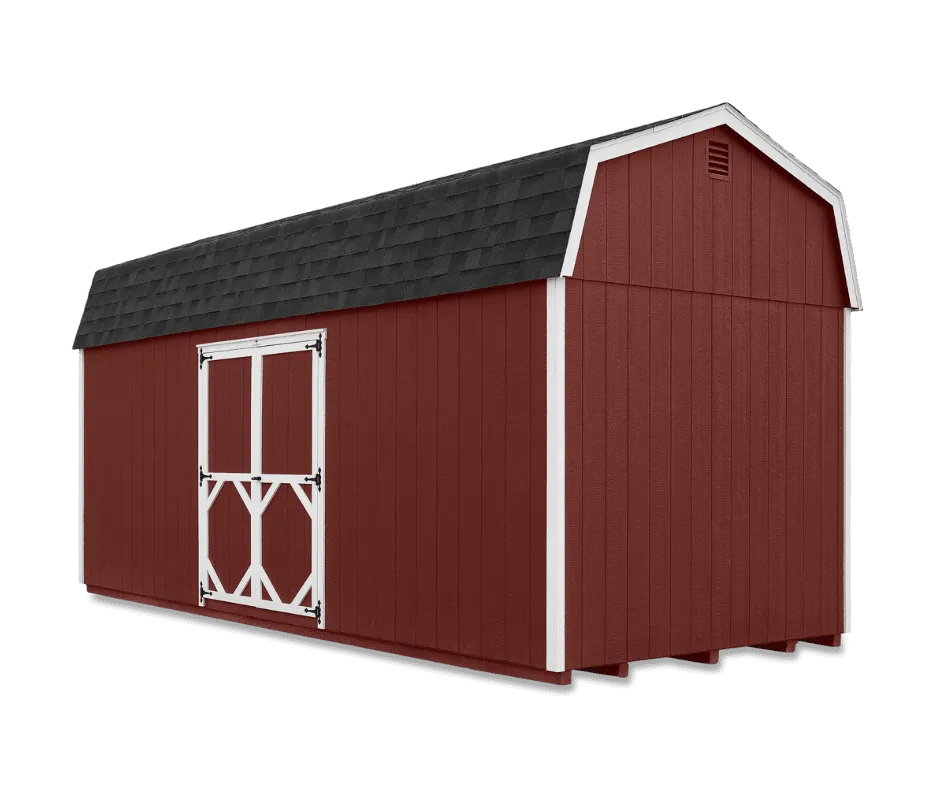 Hi-Wall Barn angled exterior render — red siding with white trim