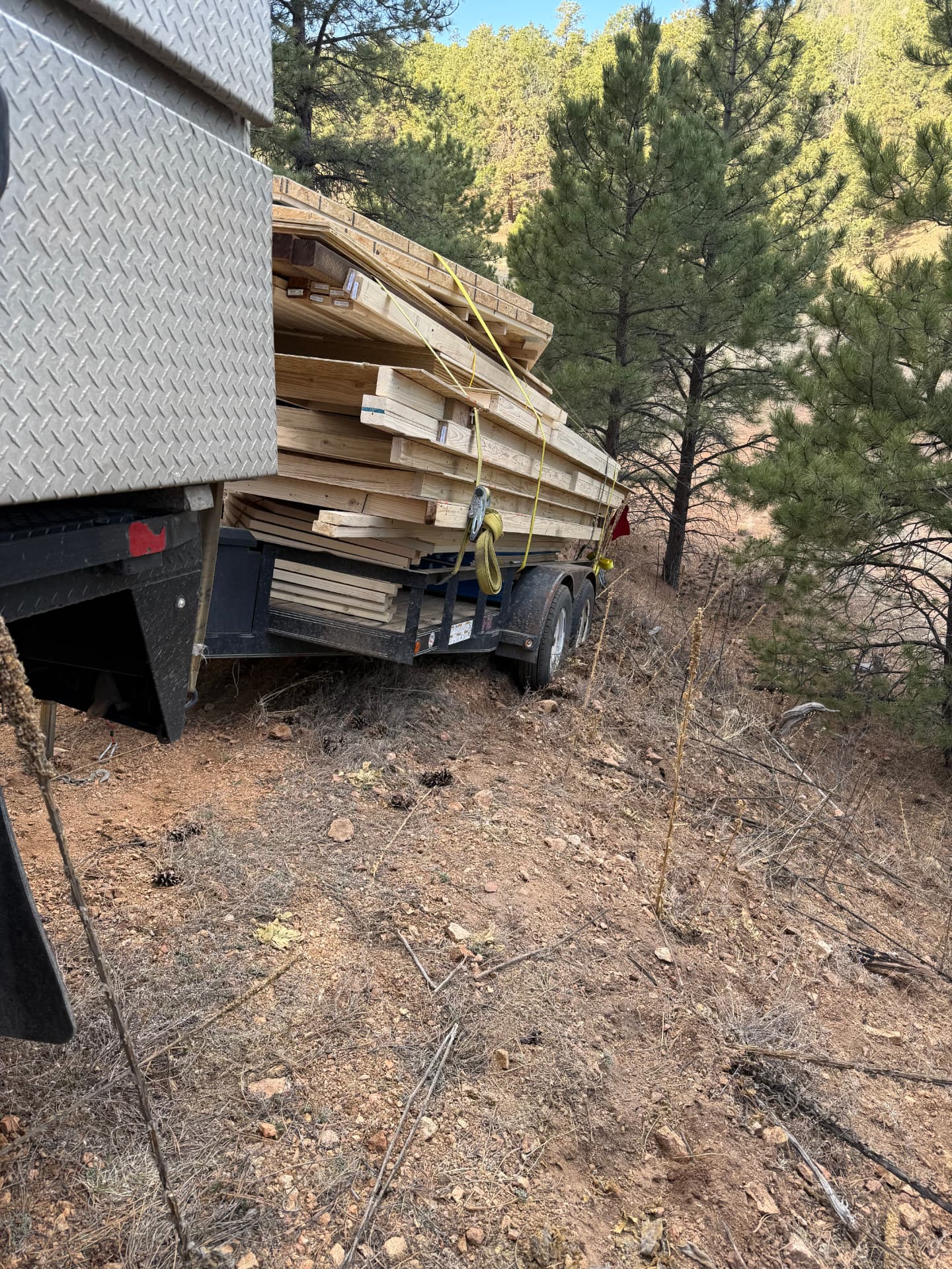 The Shed Yard trailer loaded with lumber navigating a rough, sloped dirt road through pine trees near Canon City, Colorado