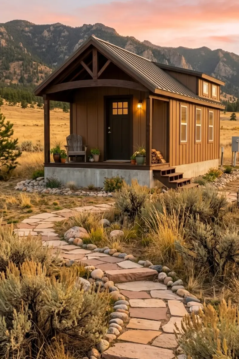 Cabin home shell with timber frame porch in Colorado