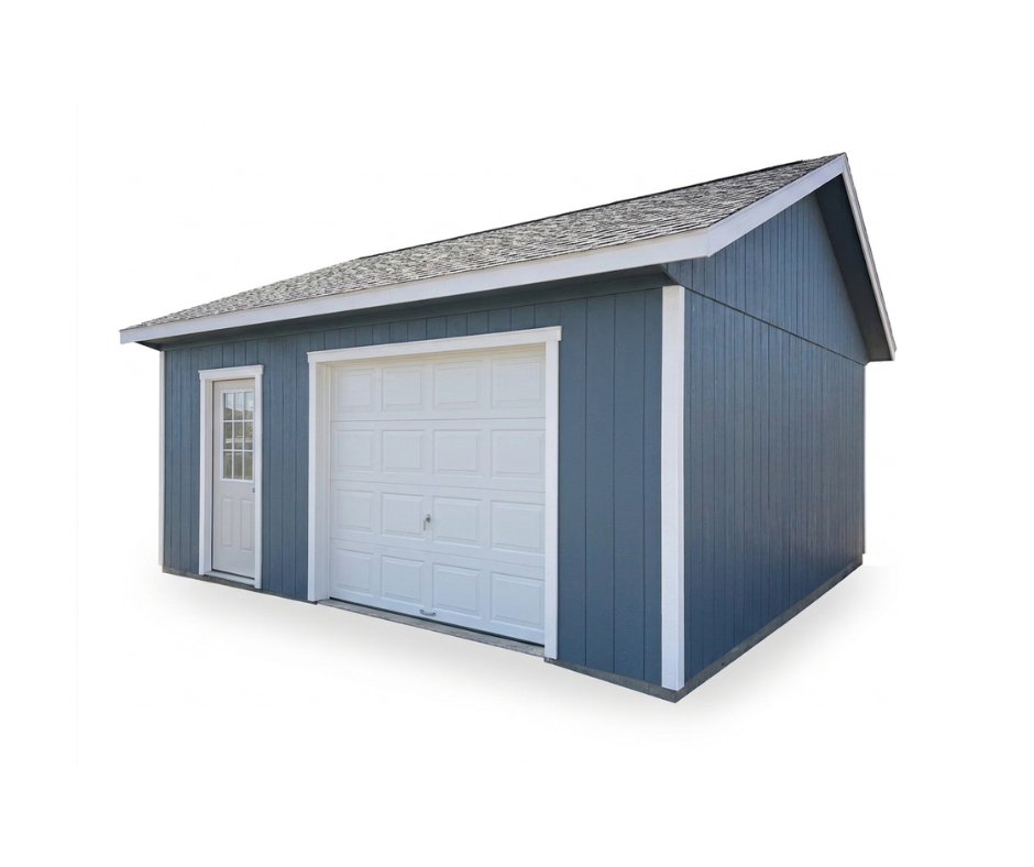 2 Car Garage angled left view with vertical siding and overhead door