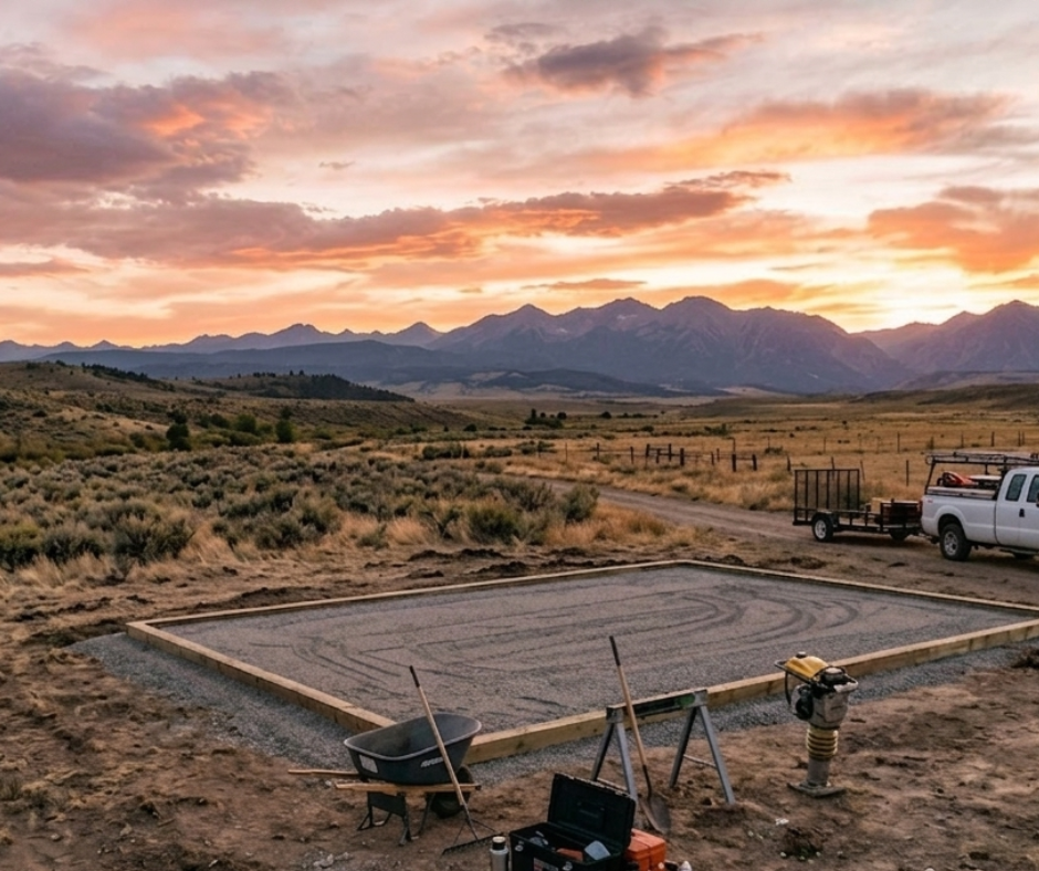 Level gravel shed pad prepared to meet Colorado zoning setbacks