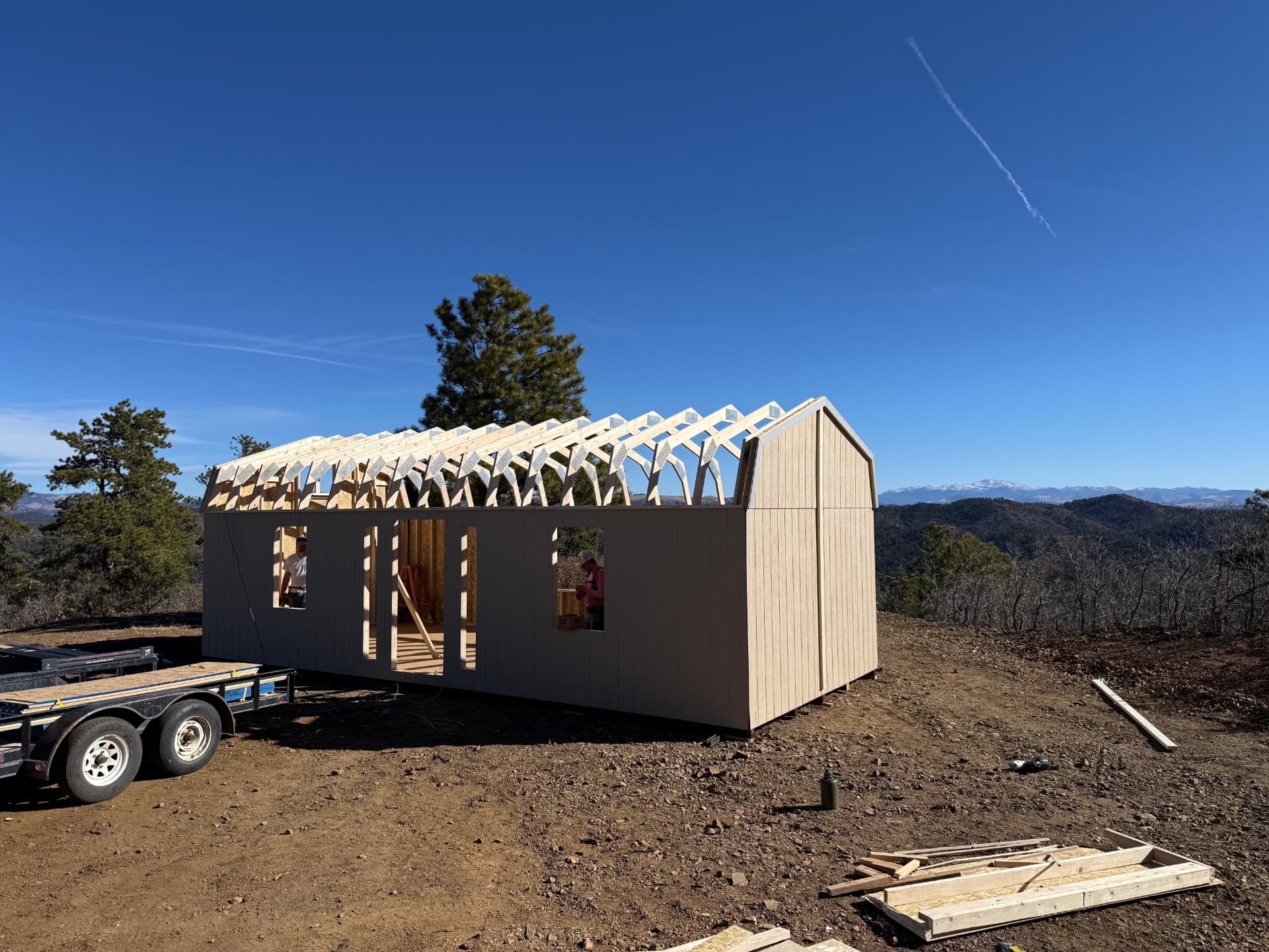 Hi Wall Barn walls standing with gambrel roof trusses installed on a hilltop site near Canon City, Colorado
