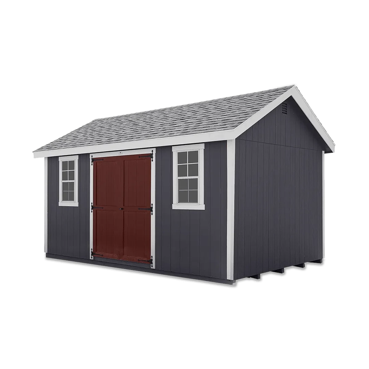 Classic A-Frame Shed right exterior angle — gray siding with red doors