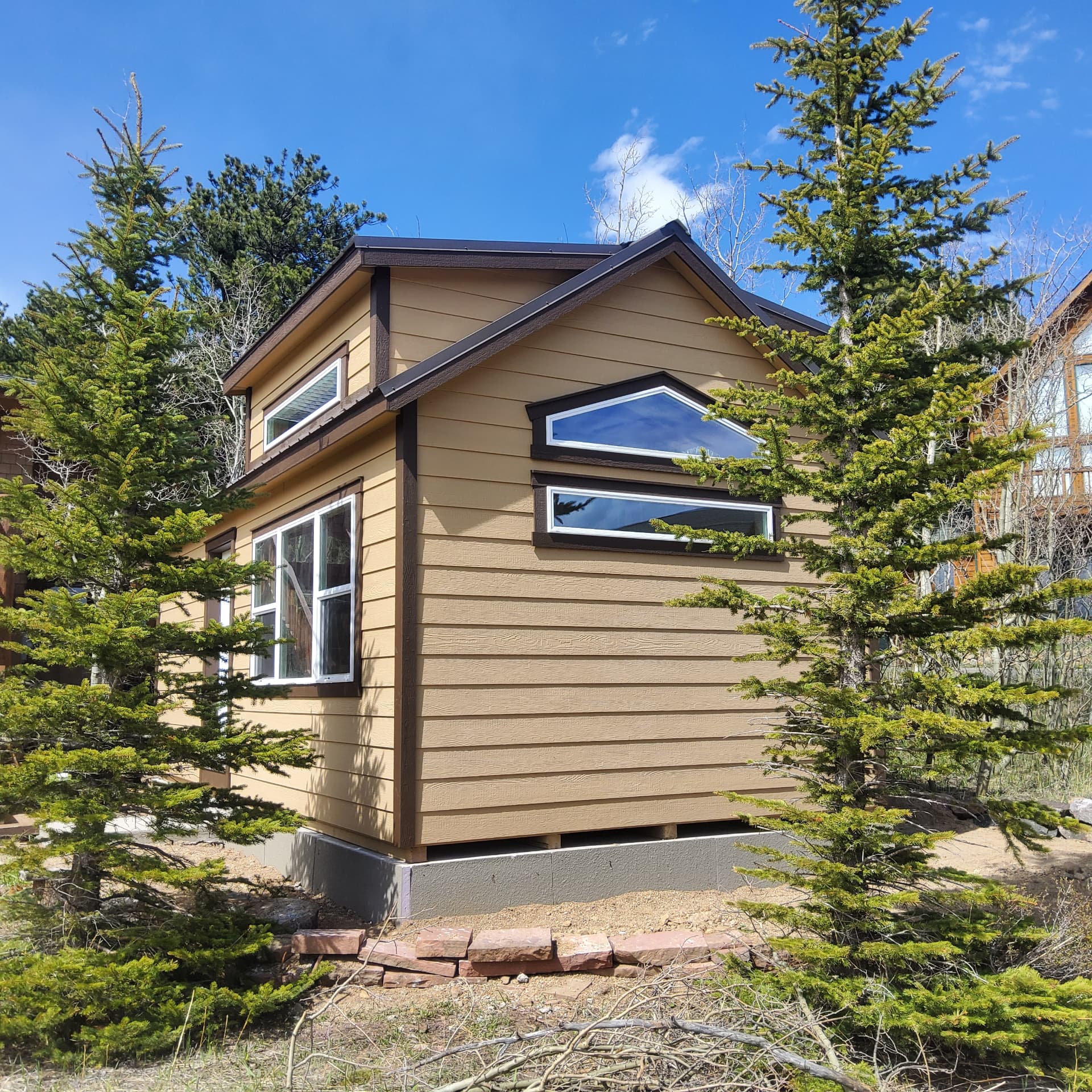 Tan Colorado building with horizontal Hardie lap siding and dark trim