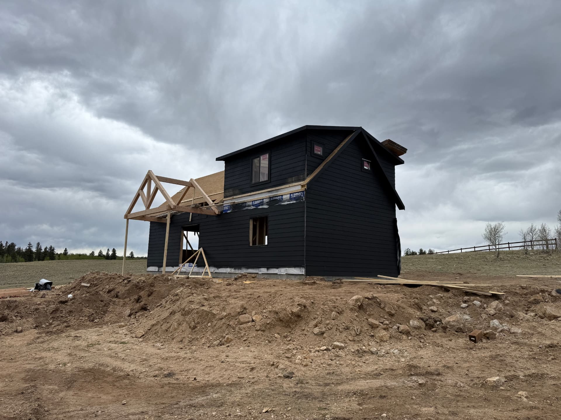 Sunny Side home shell with dark lap siding and bonus loft under construction in Jefferson, Colorado