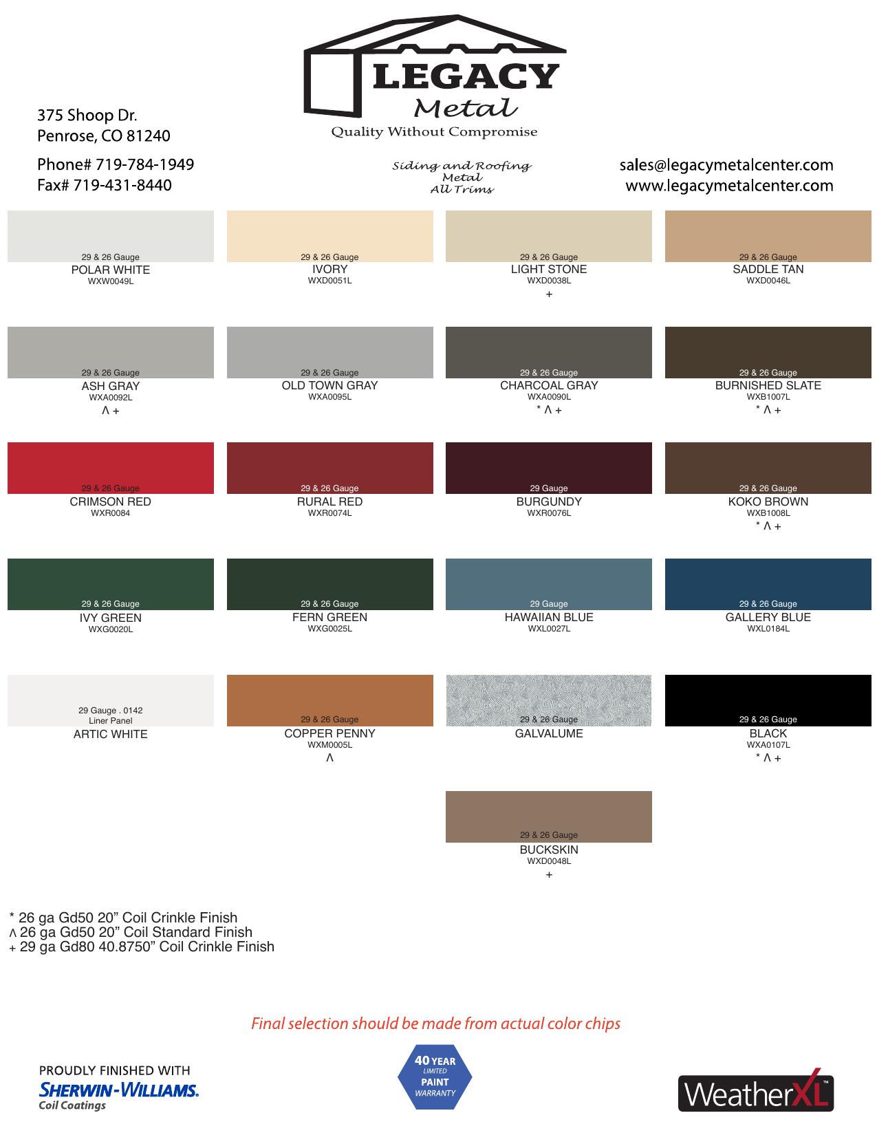 Legacy Metal roofing and siding chart showing 21 available metal colors