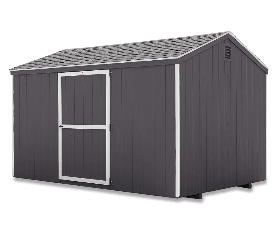 Gray Economy Shed with white trim — angled exterior view