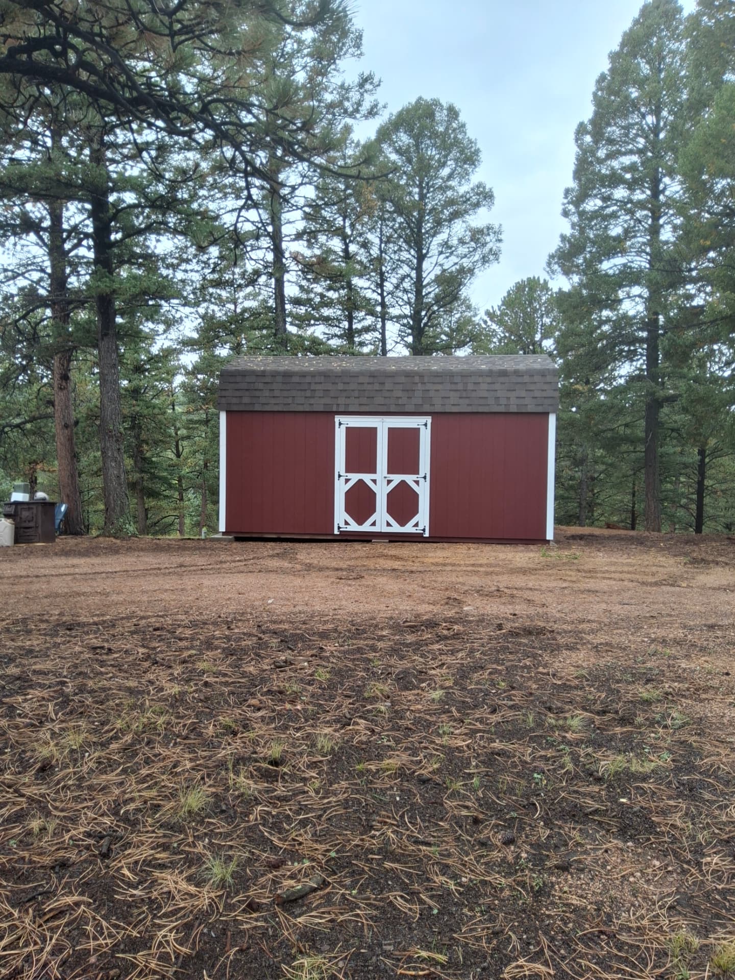 Red 10x20 Hi Wall Mini Barn with white 5-foot double doors among pine trees in Woodland Park, Colorado