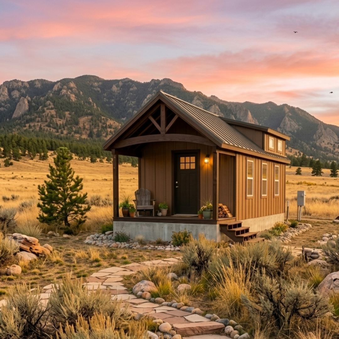 Cabin Home Shell exterior render on a white background — timber frame porch and double dormer