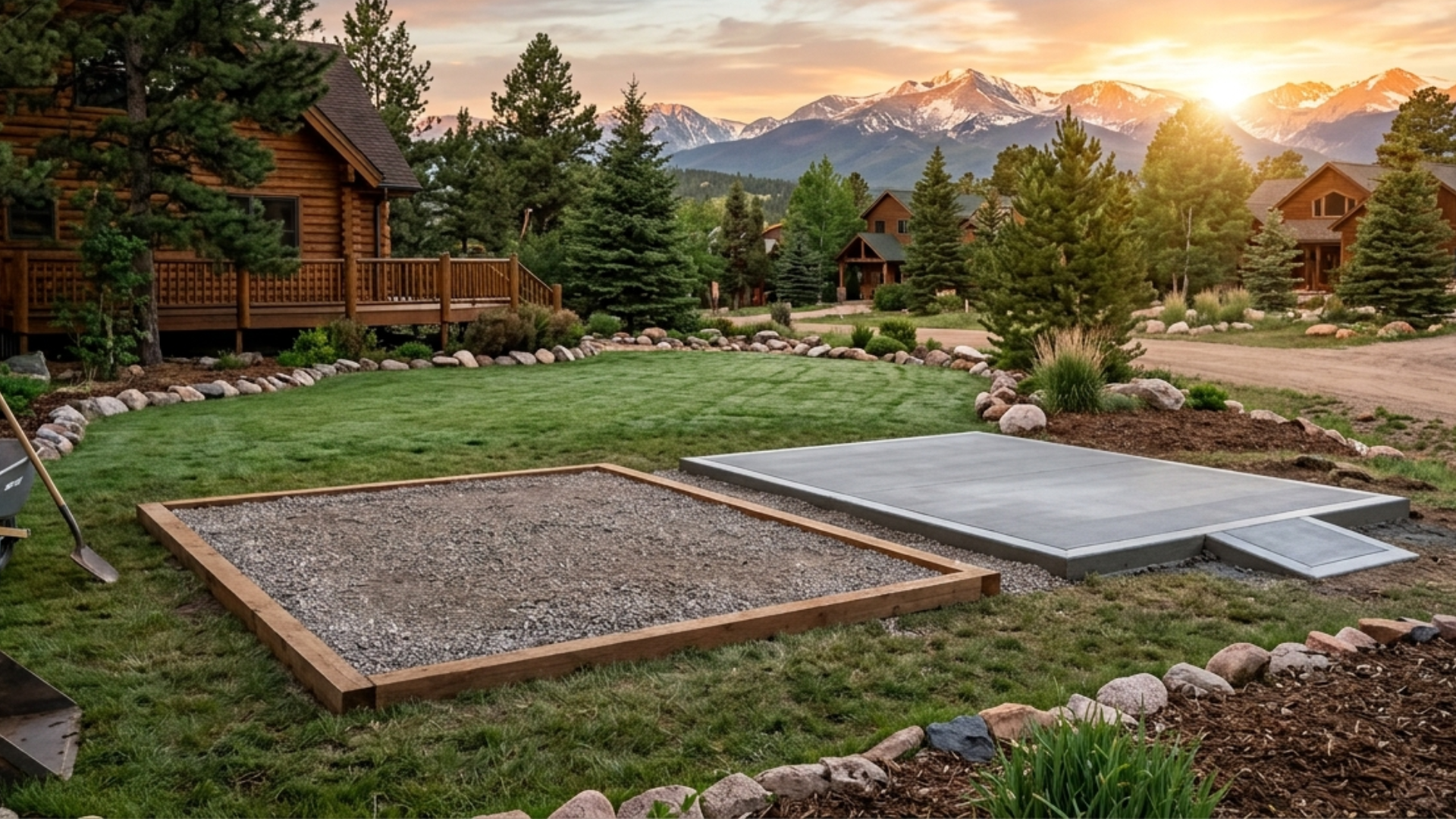 Gravel shed pad and finished concrete slab prepared in a Colorado mountain backyard