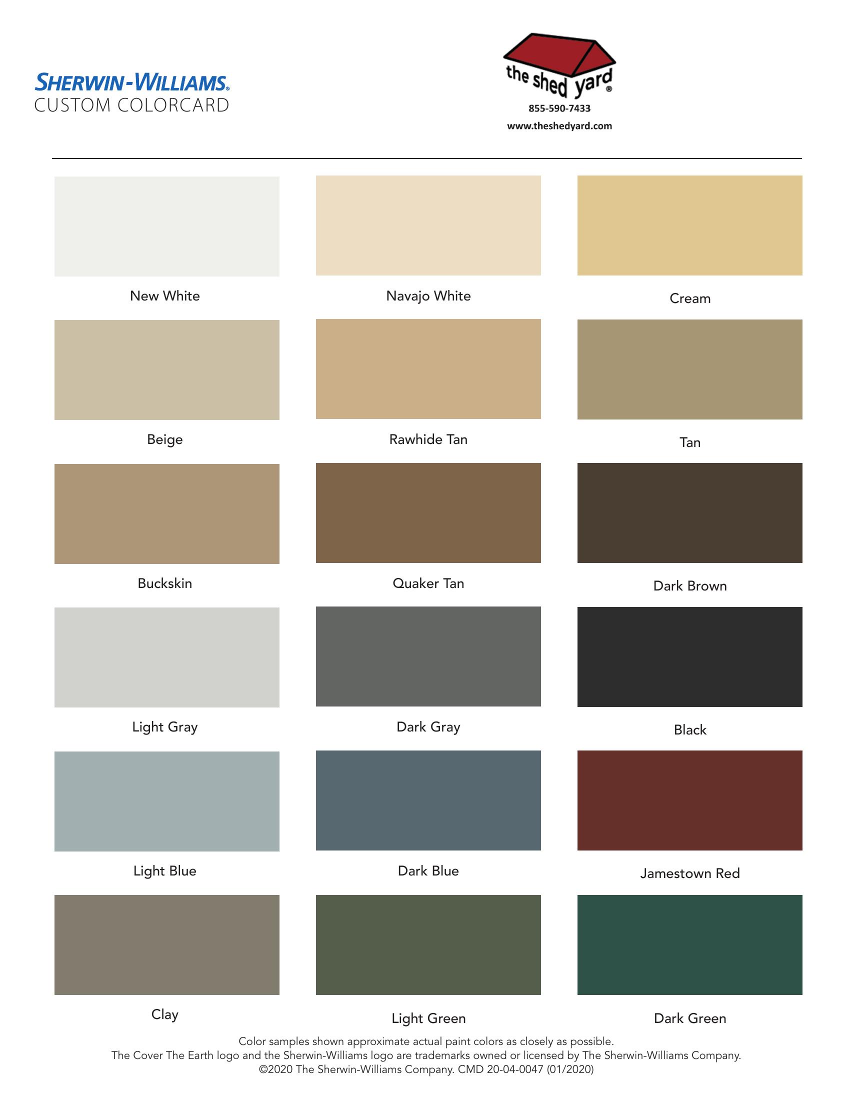 Sherwin-Williams A-100 custom color card showing all standard paint colors offered by The Shed Yard