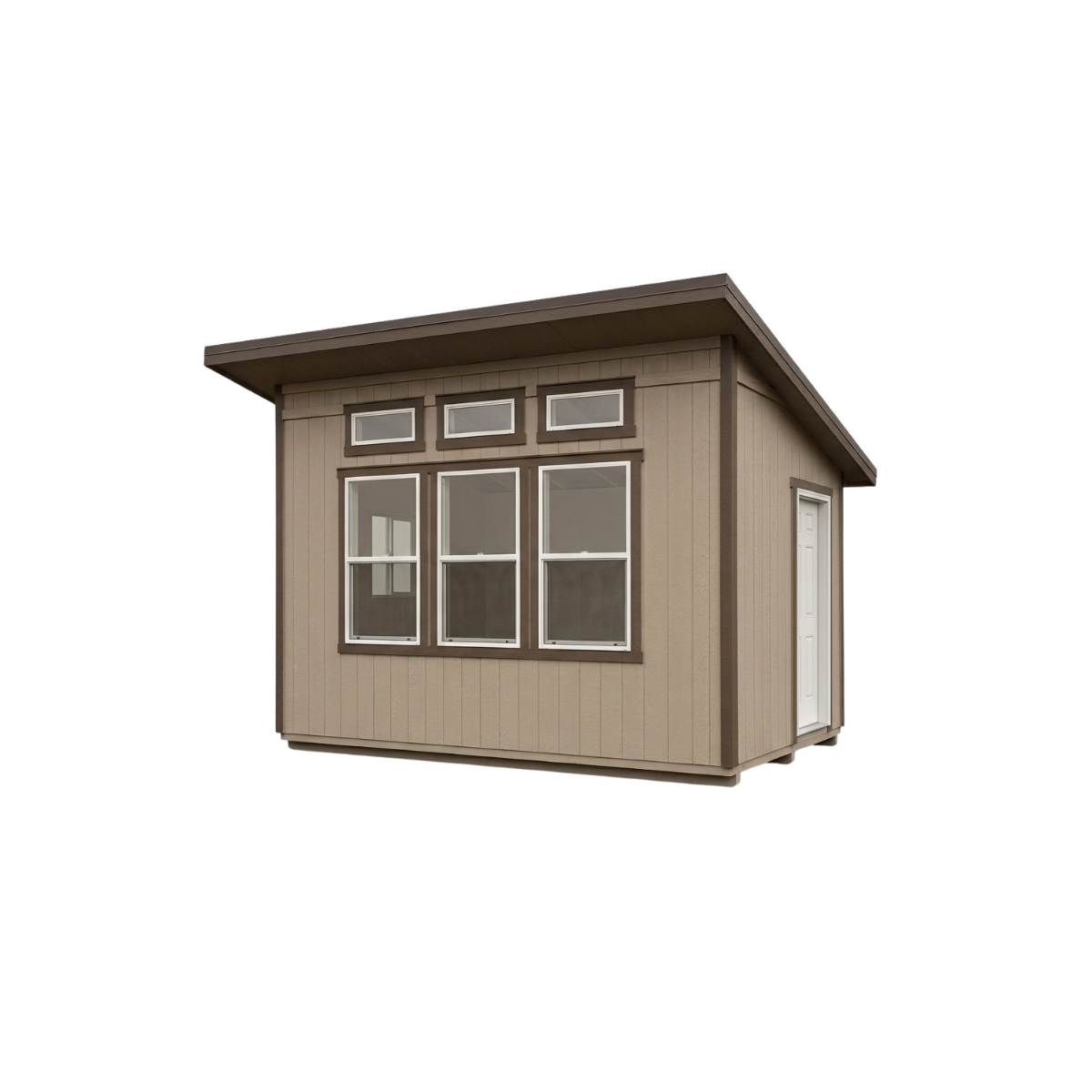 Modern Studio Shed exterior — left angle view with transom and double-hung windows