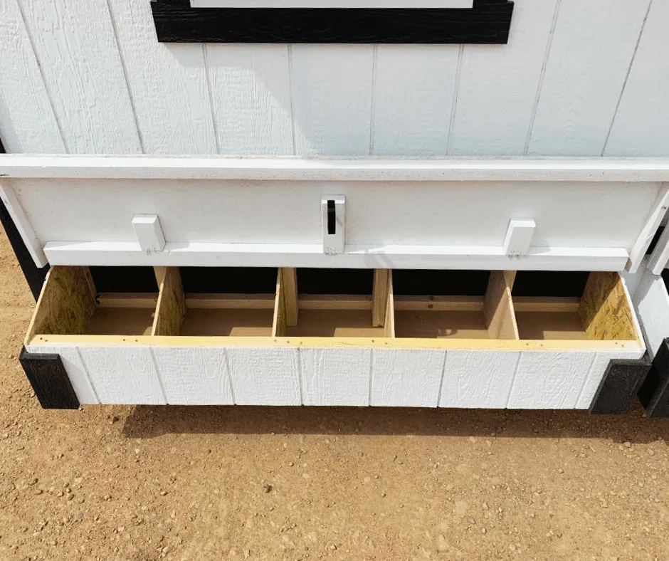 Exterior access nesting boxes inside a custom Colorado chicken coop